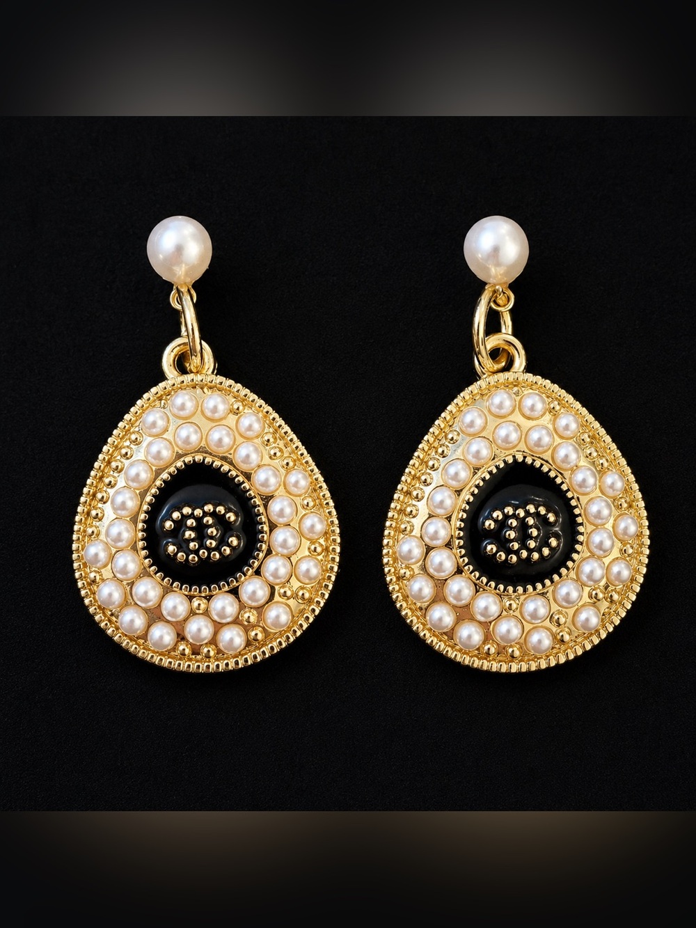 CHANEL Gold-Tone Pearl Drop Earrings with Black Center